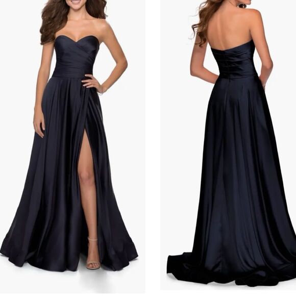 La Femme Womens Size 8 Navy Strapless Slit Satin Ballgown - Picture 1 of 12